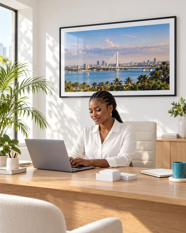 Une professionnelle travaille à son bureau sous un grand tableau d’Abidjan.
