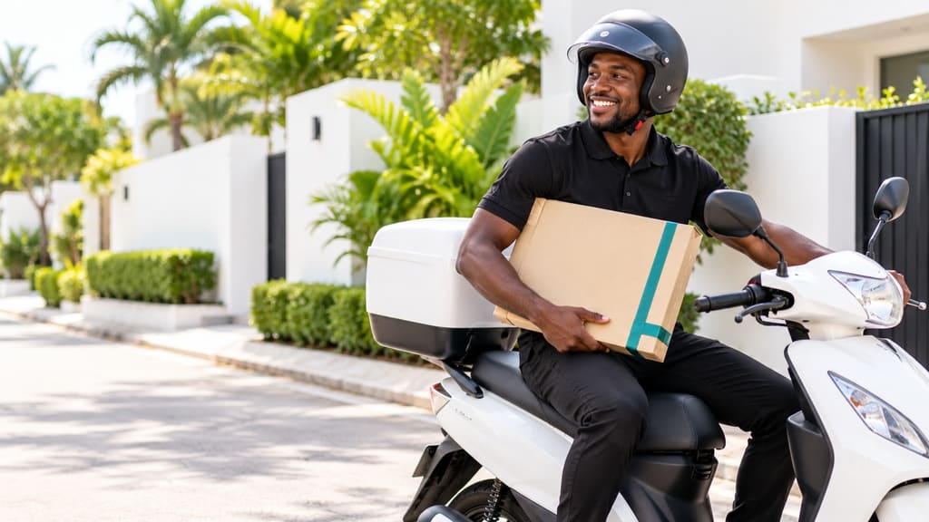 Un livreur à moto transporte un colis dans une rue d’Abidjan.