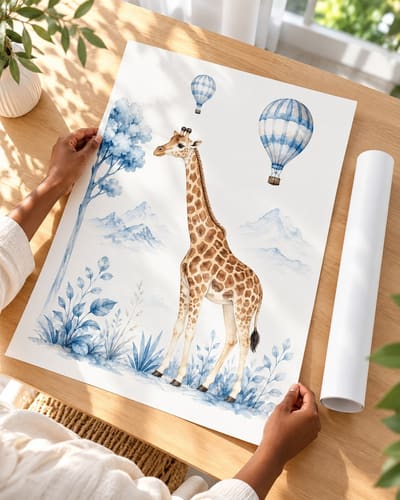 Poster aquarelle d’une girafe et de montgolfières, déroulé sur une table.