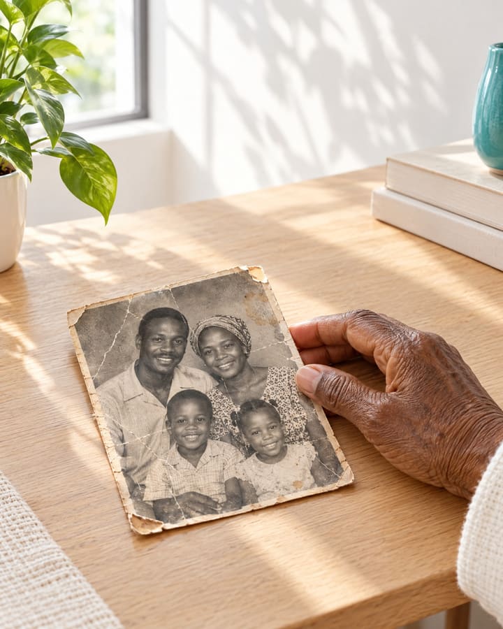 Exemple : une photo de famille ancienne, pâlie, pliée et déchirée, posée sur une table.